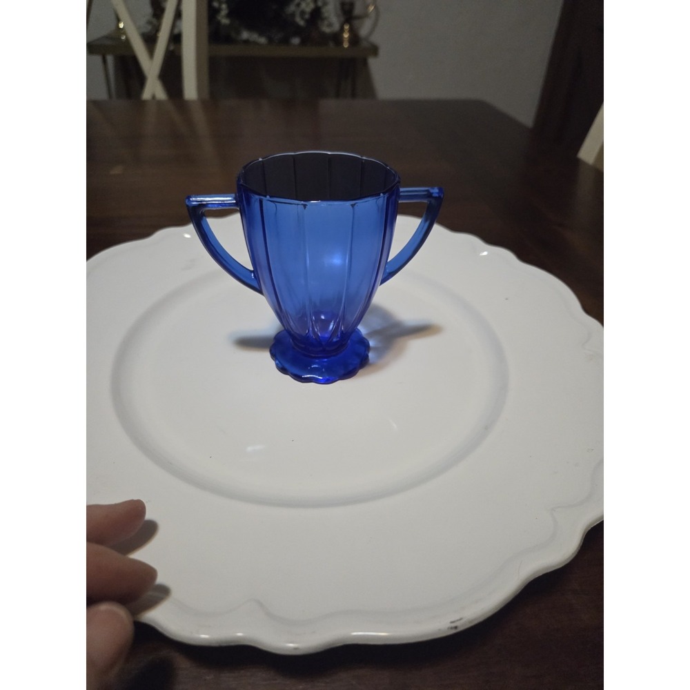 Vintage Cobalt Blue Newport Hairpin Open Sugar Depression Glass